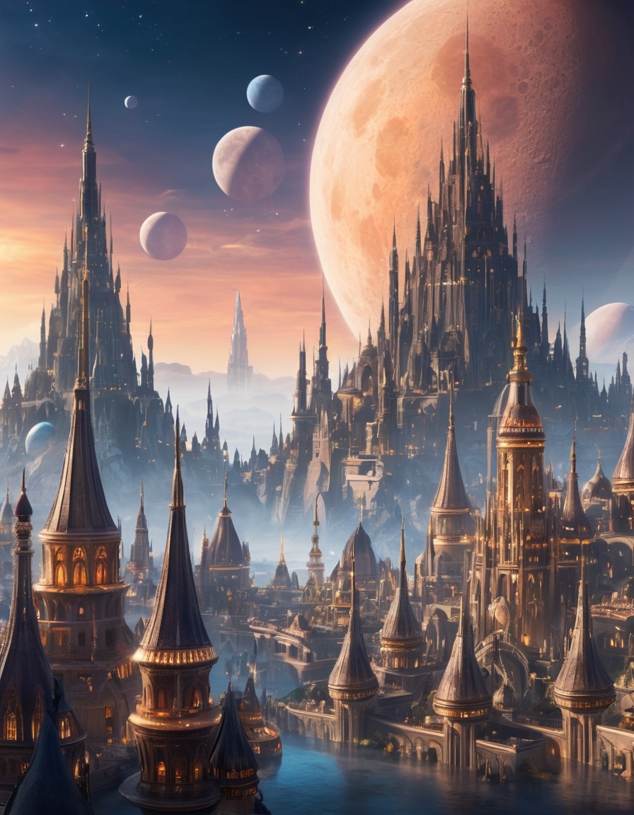 alien city, futuristic, sci-fi, spires, moons, majestic, extraterrestrial, aliens