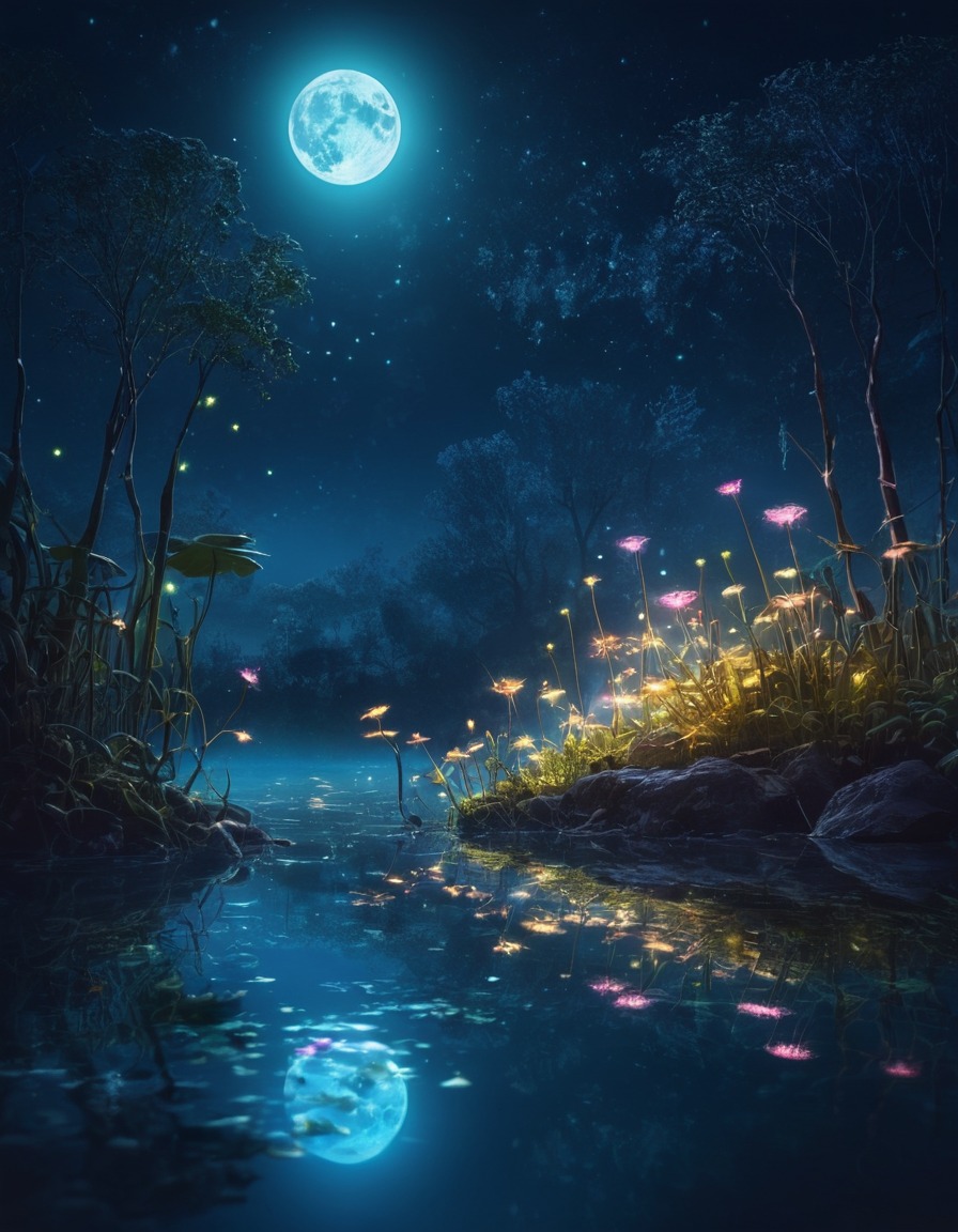 magical, lake, fairies, glowing, moonlit, fantastic