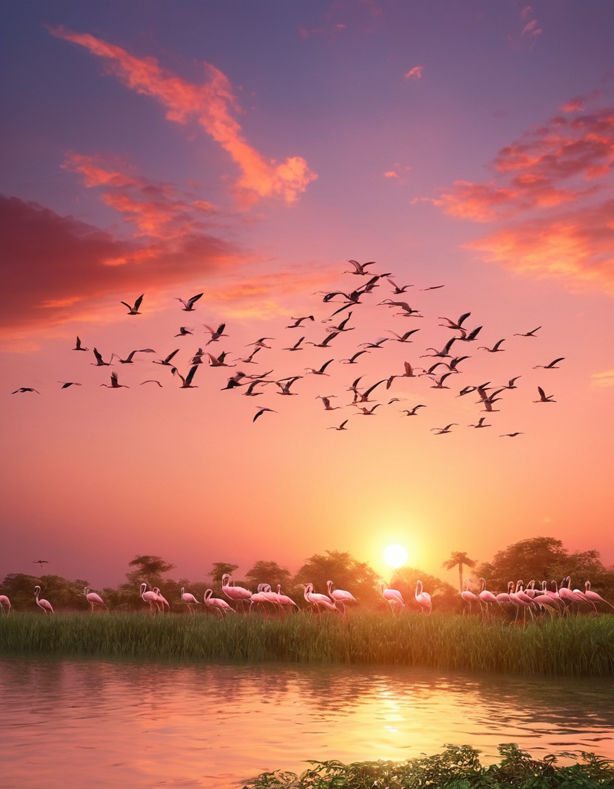 nature, wildlife, flamingos, sunset, graceful movement, birds, flying