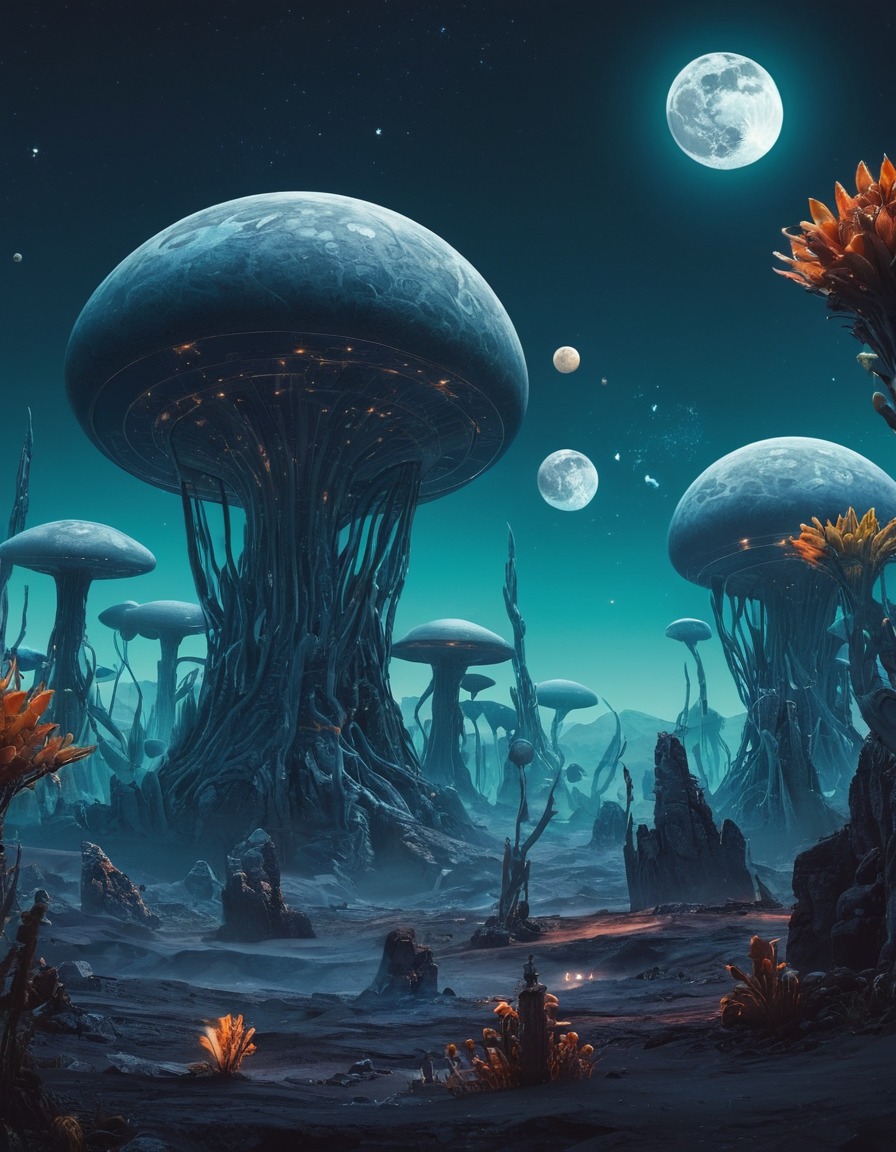 alien world, strange plants, unknown creatures, multiple moons, fantasy landscape, fantastic