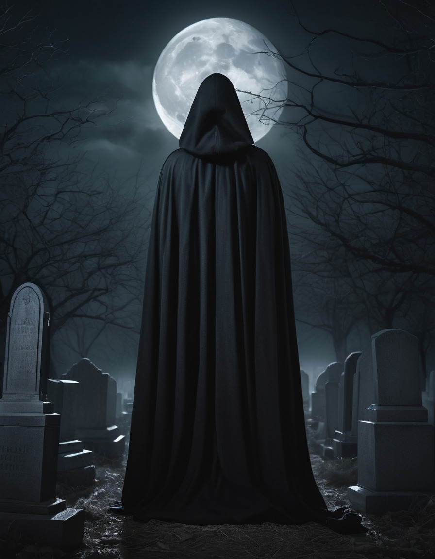 mysterious figure, dark cloak, moonlit cemetery, spooky, alone, gothic, underground, dark