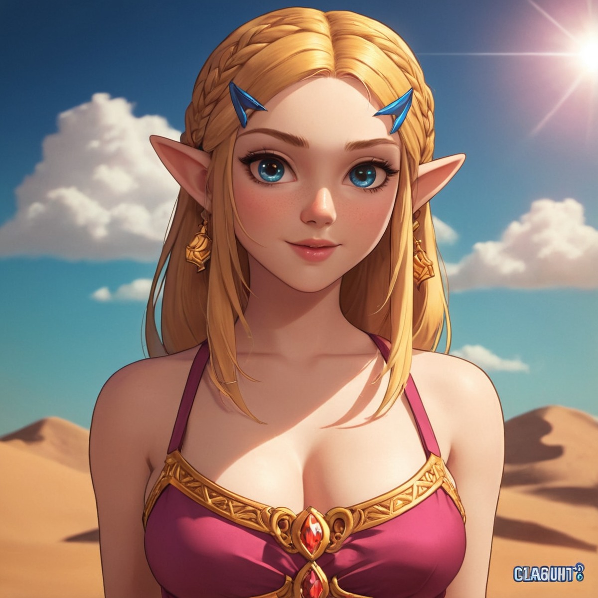 digitalart, fanart, videogamefanart, nintendo, desert, fantasyportrait, godrays, hyrule, princesszelda, sepia, thelegendofzelda, volumetriclight, ozzieort