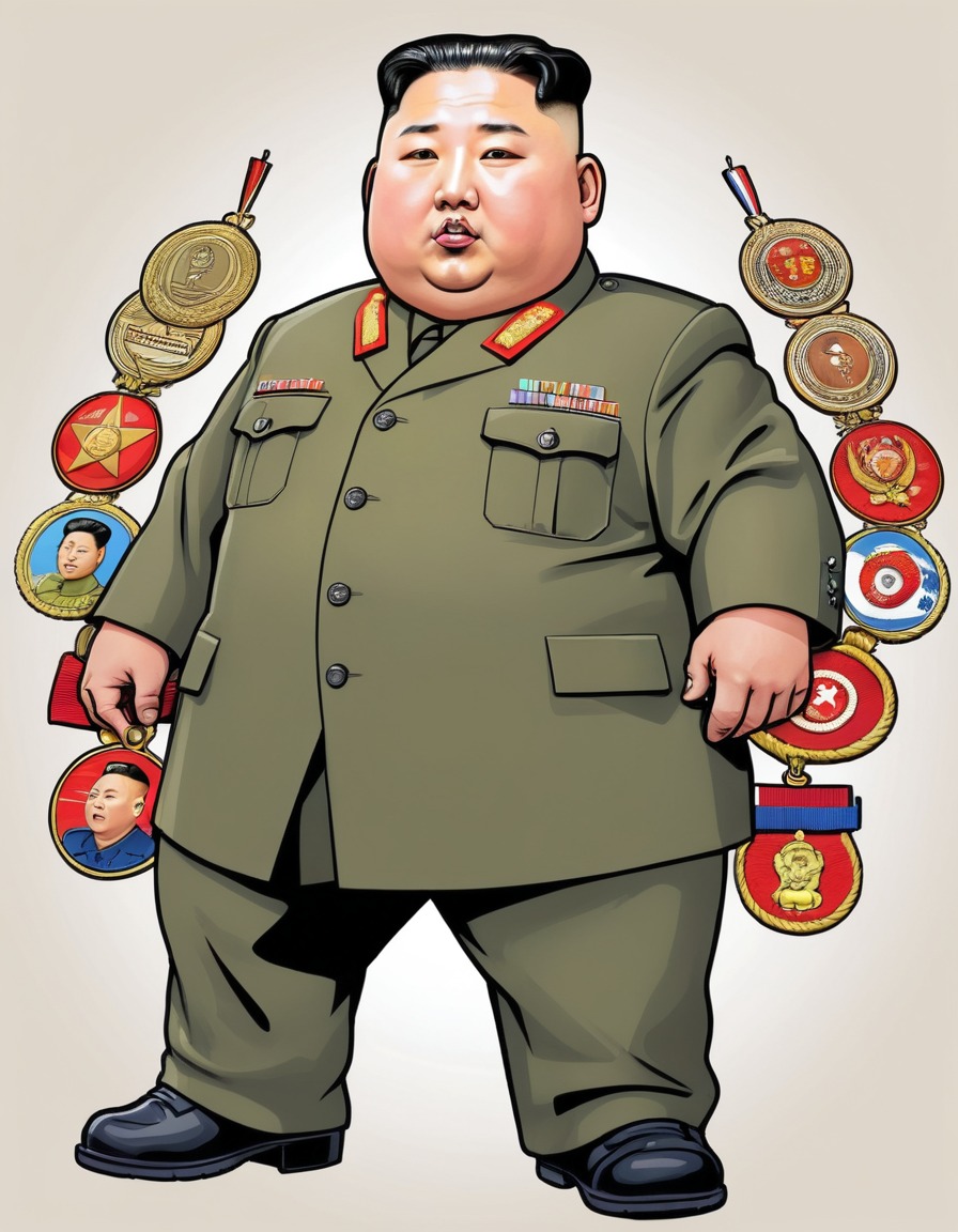 kim jong un, caricature, whimsical, military medals, north korea, satire, politics