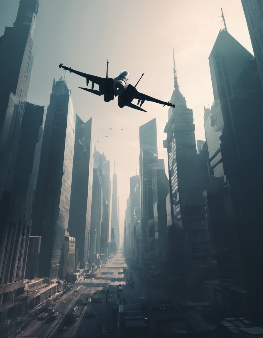 surreal, illustration, city skyline, fighter jet, silhouette, war