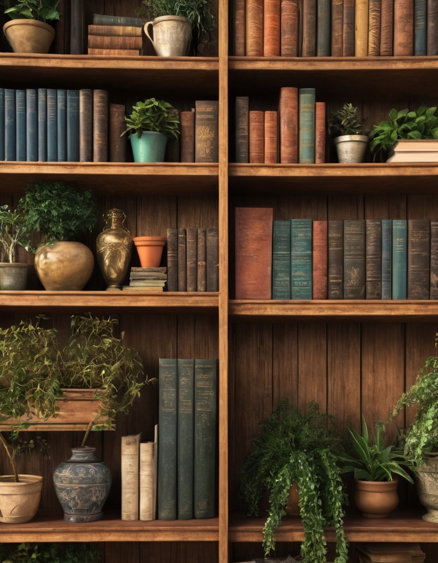 vintage, bookshelves, novels, plants, home, interior