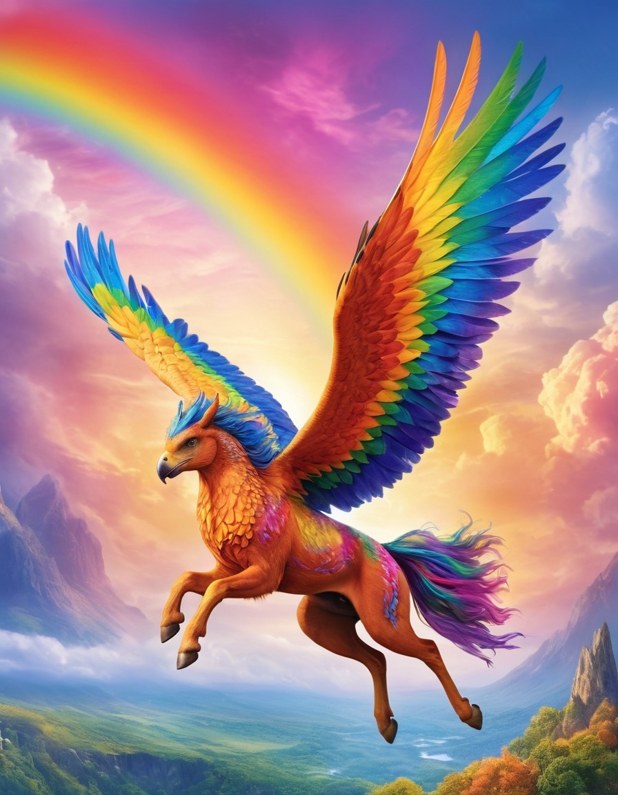 mythical creature, hippogriff, majestic, sky, rainbow, fantasy