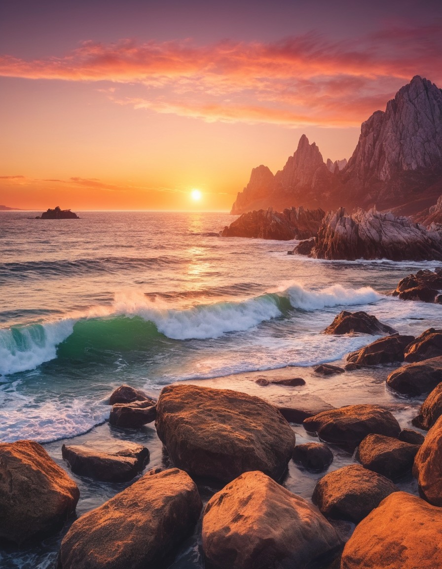 sunset, colorful, rocky, coastal, seascape, nature, beauty