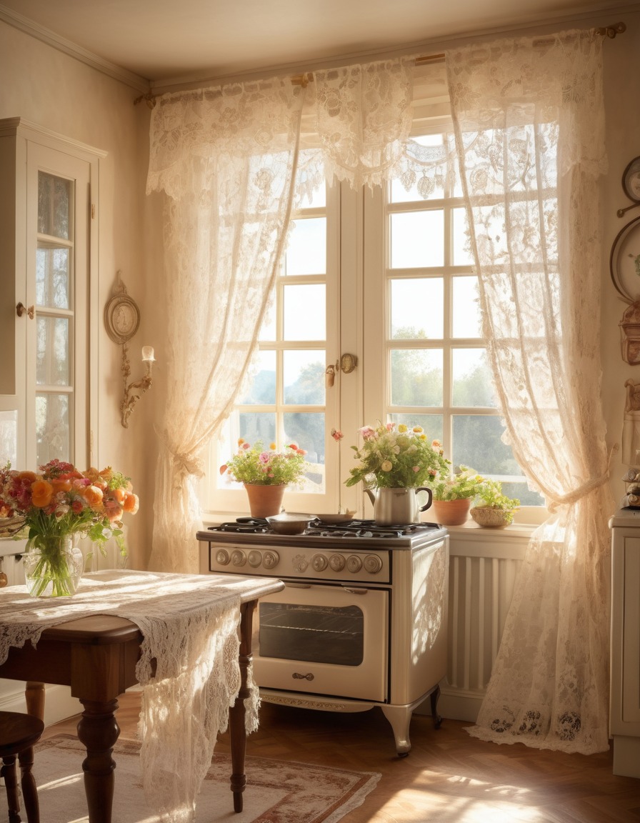 kitchen, sunlight, lace curtains, vintage stove, fresh flowers, home, interior