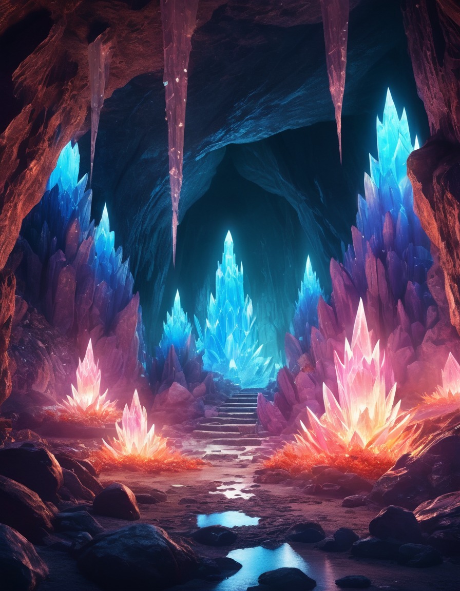 crystal cave, glowing crystals, mysterious energy, fantasy scene, magical atmosphere