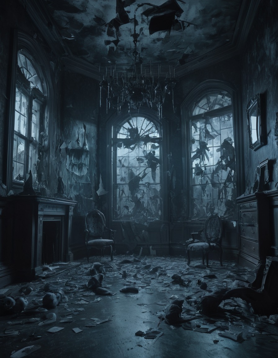 A haunted mansion with shattered windows and ghostly figures drifting ...