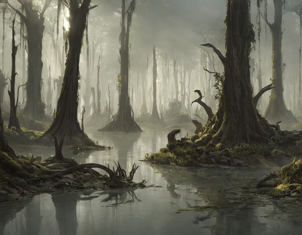 forest, fog, dreamup, digitalart, horror, deadtrees, swamp, dailychallenge, ai_art