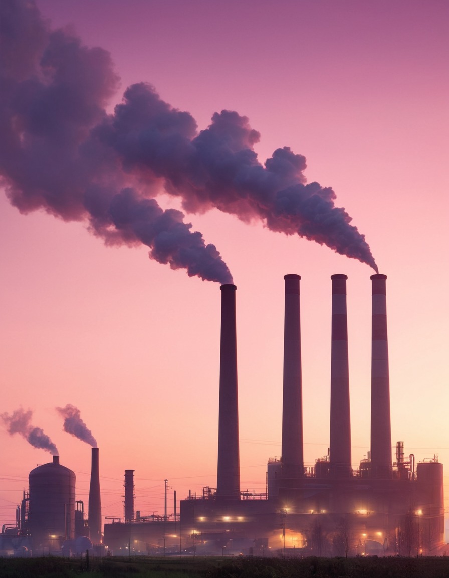 factory, sunrise, smokestacks, steam, industrial landscape