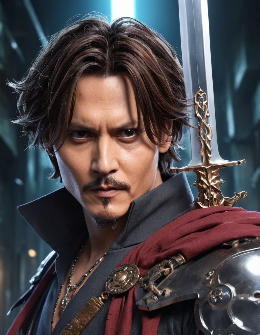 johnny depp, anime, sword, cybernetic enhancements, character design