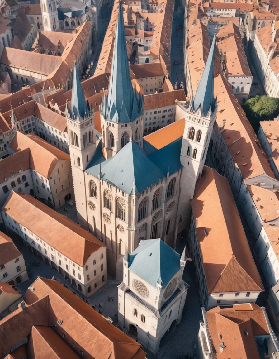 romanesque architecture, cathedral, medieval buildings, aerial view, architecture