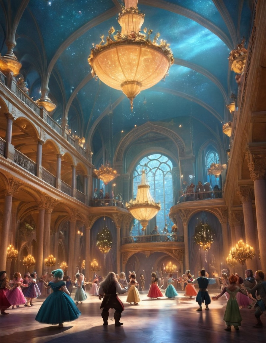 grand ballroom, trolls, dwarves, enchanted instruments, fantasy scene, magical music, dance party