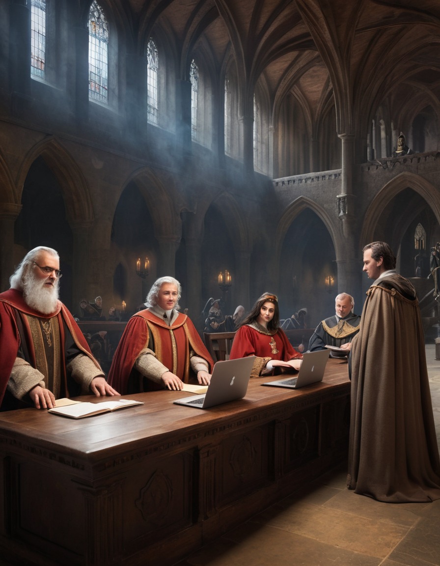 medieval court, lawyers, judges, traditional robes, laptops, medieval, art