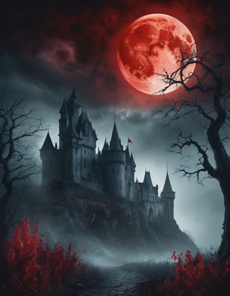 castle, mist, blood-red moon, haunting, gothic, underground, dark