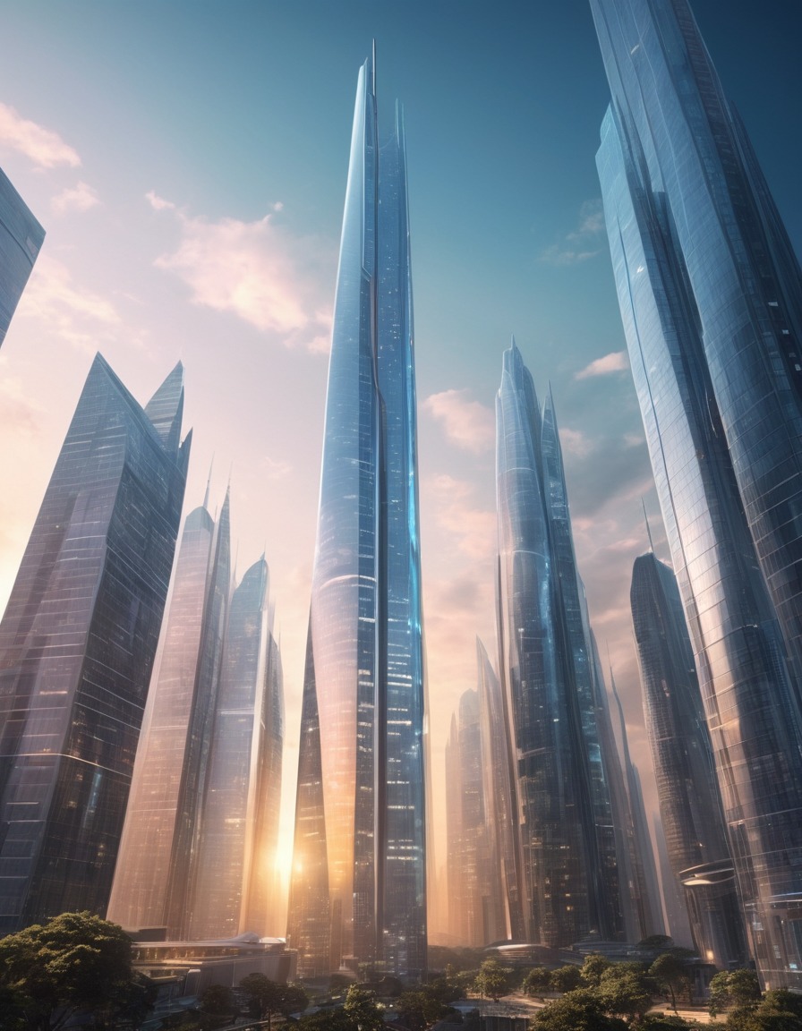 futuristic, cityscape, glass skyscrapers, future technology, architecture