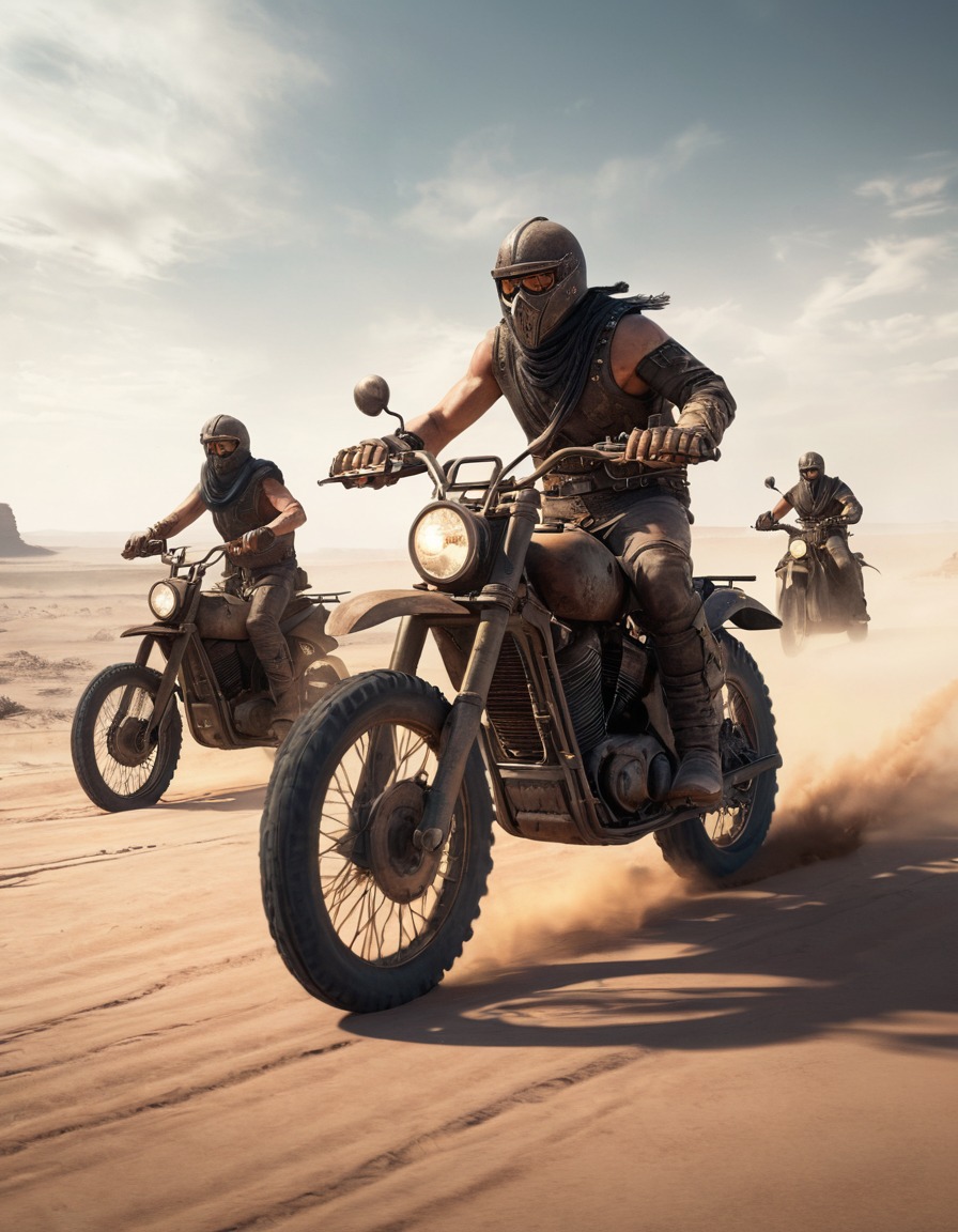 motorcycles, raider gang, dust, desolate landscape, fallout, games, tv shows