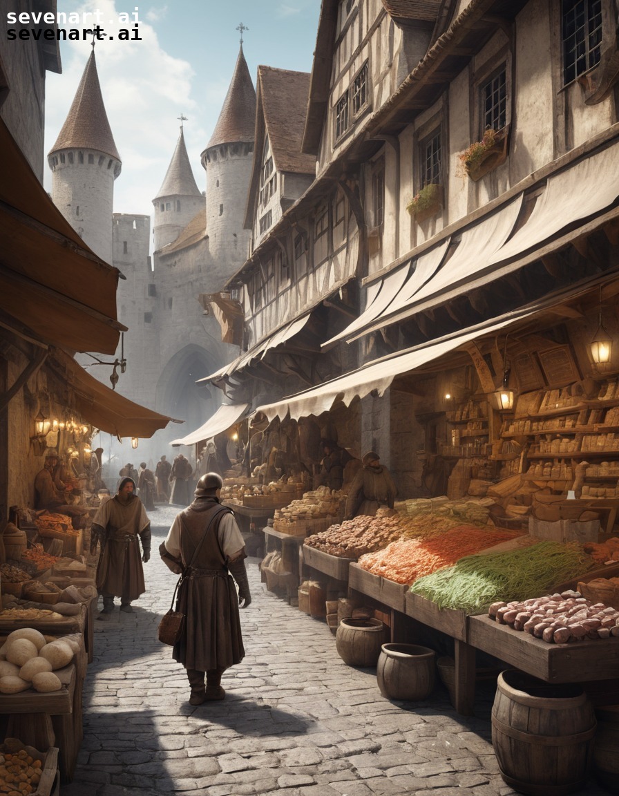 medieval, market, merchant, selling, bustling, middle ages