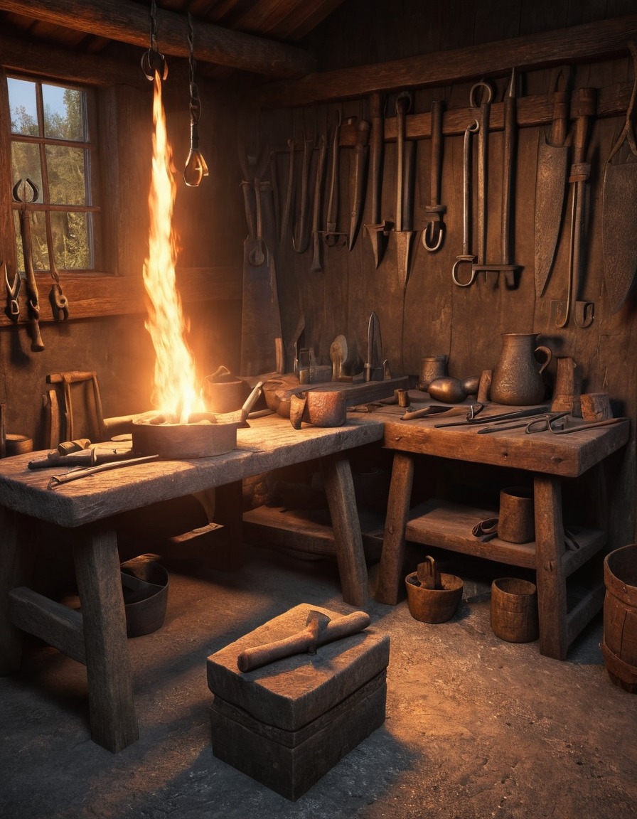 ancient blacksmith, forging tools, viking age, scandinavia, 800 ad, workshop, craftsmanship