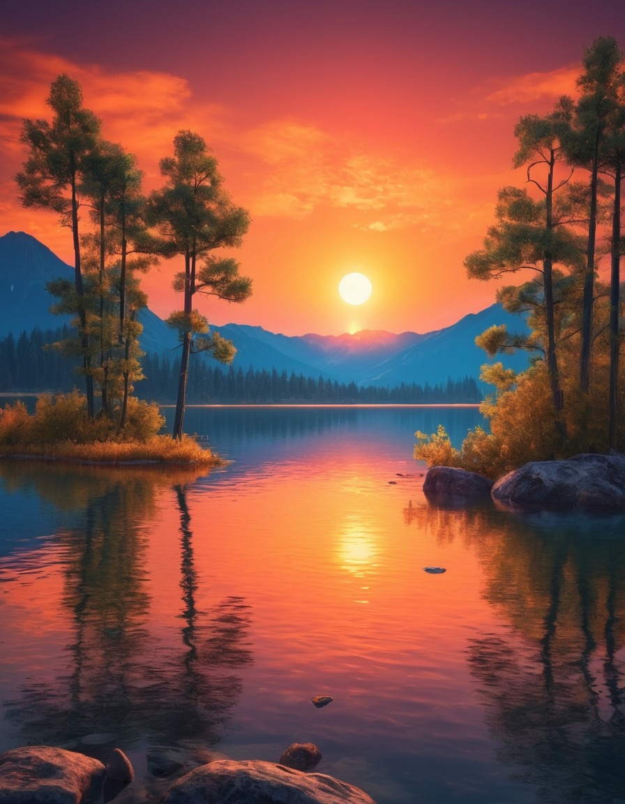 sunset, lake, vibrant colors, serene, nature