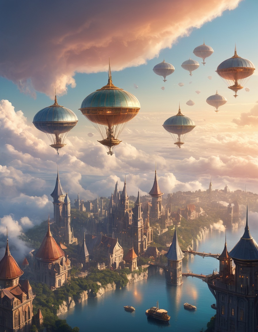 floating city, clouds, airships, iridescent towers, fantastic