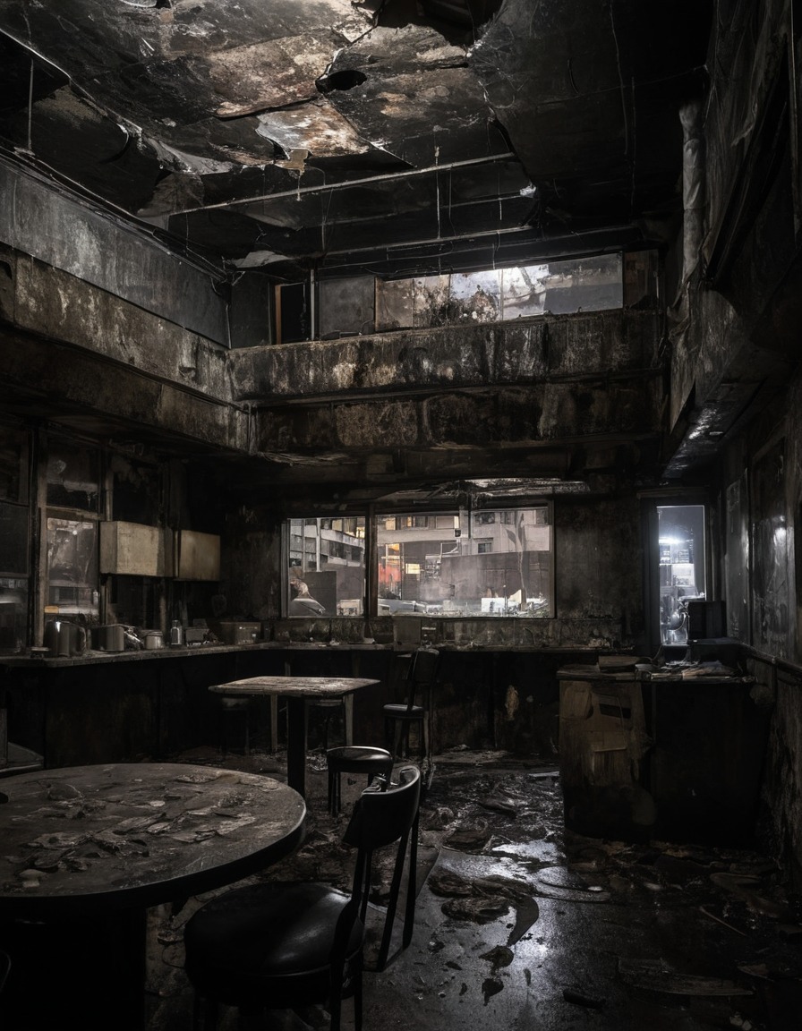 coffee shop, abandoned building, urban decay, cityscape, city life