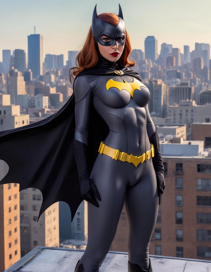 batgirl, superhero, rooftop, cityscape, cape, confident, overlooking, sexy, painted