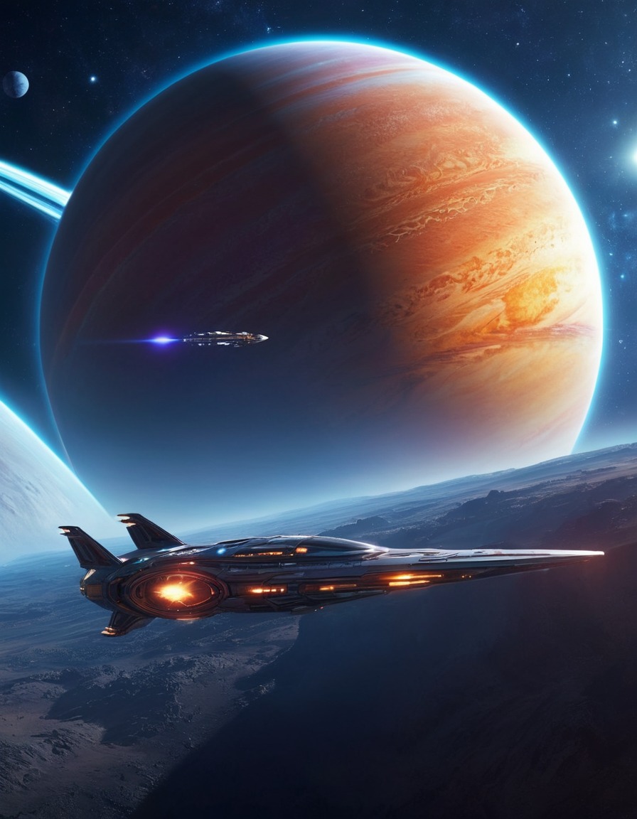 space, spaceship, giant planet, glowing rings, space scene