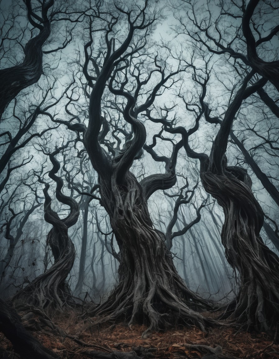 haunted forest, twisted trees, gnarled trees, spooky, eerie, nature, environment, gothic, underground, dark