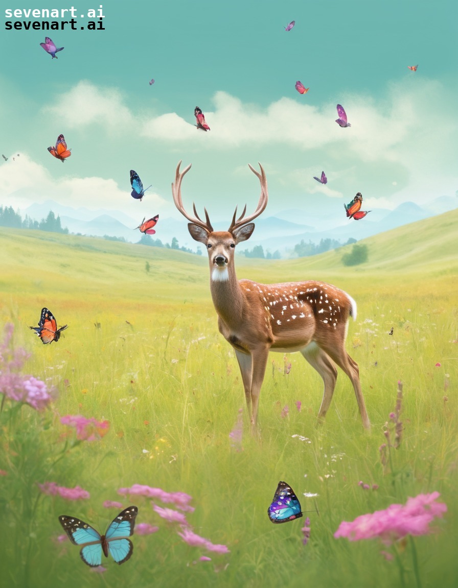 nature, animals, meadow, deer, butterflies