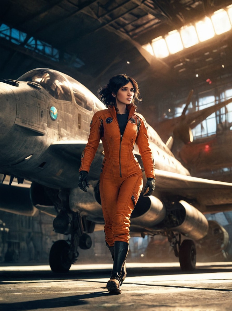 scifi, cosplay, photography, aviation, aviator, female, fighter, jet, military, pilot, walking, woman, women, art, away