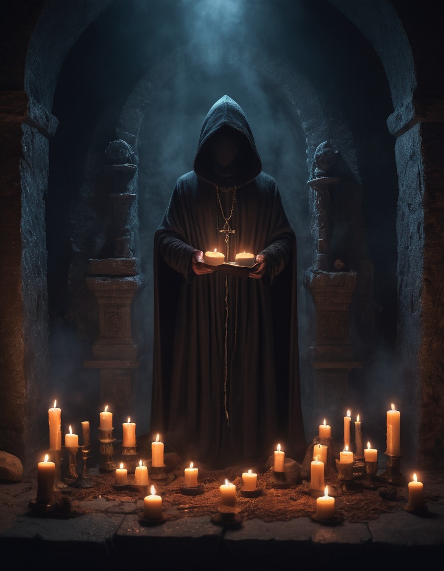 hooded figure, mysterious ritual, dimly-lit chamber, flickering candles, ancient tomes, gothic, underground, dark