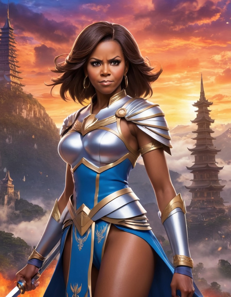 michelle obama, warrior princess, anime, landscape, politics