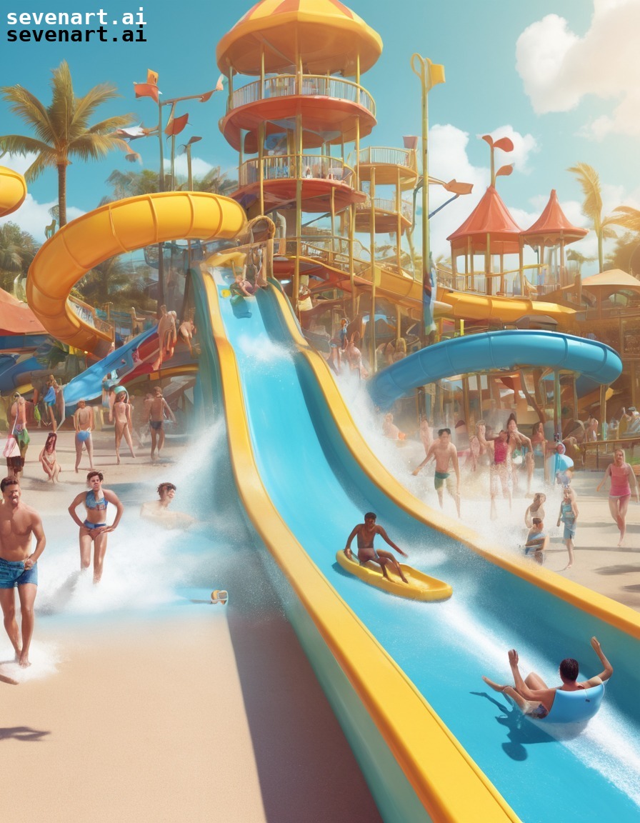 water park, slapstick comedy, chaos, slippery, falling, fun, people