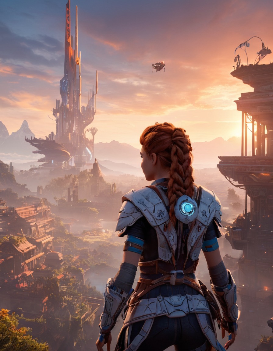 aloy, horizon zero dawn, video game, exploration, futuristic cityscape, dusk, games, girls from games