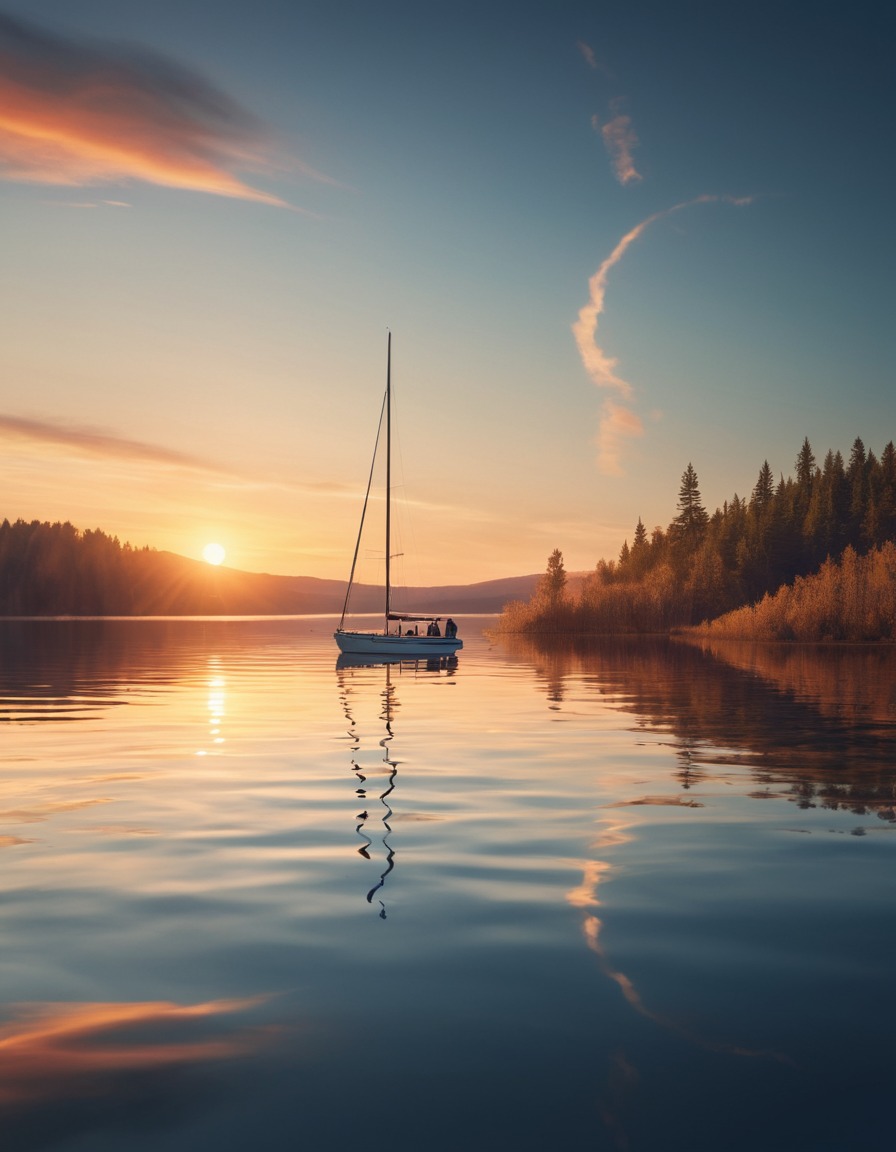 sailboat, lake, sunset, reflection, tranquility