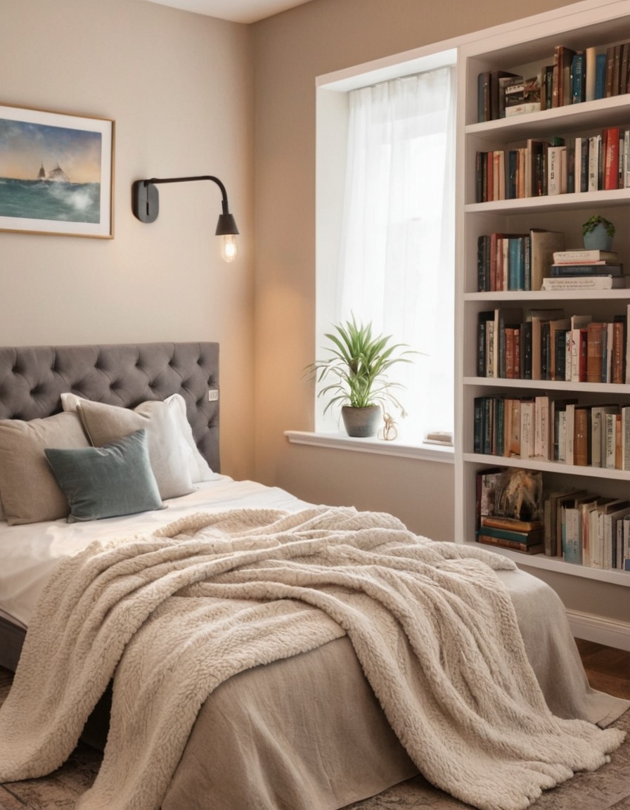 bedroom, peaceful, soft blankets, bookshelf, favorite reads, home, interior