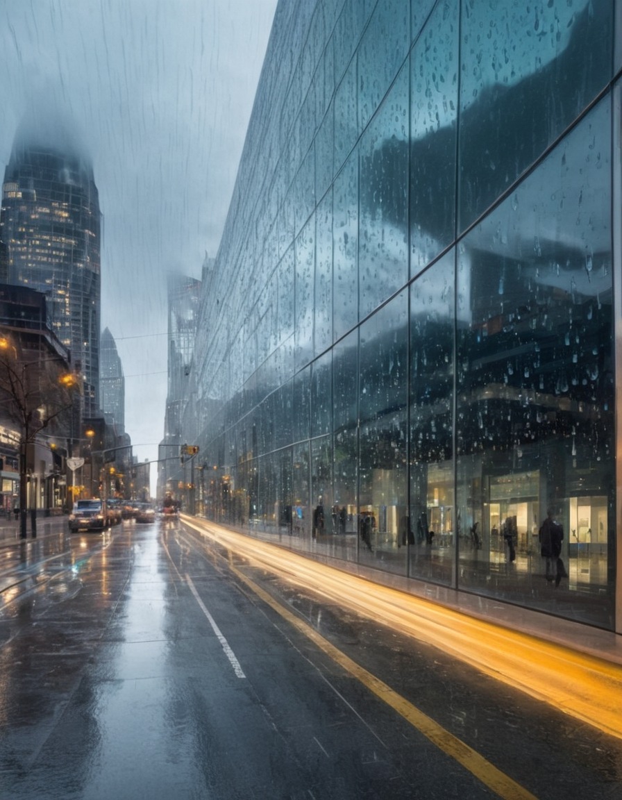 raindrops, windows, modern building, glass, cityscape, distortion