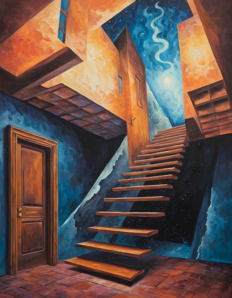 staircase, door, floating, illusion, mysterious, surreal