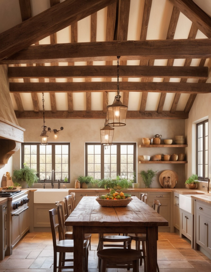 kitchen, farmhouse sink, wooden beams, cozy meal, interior design, home, interior