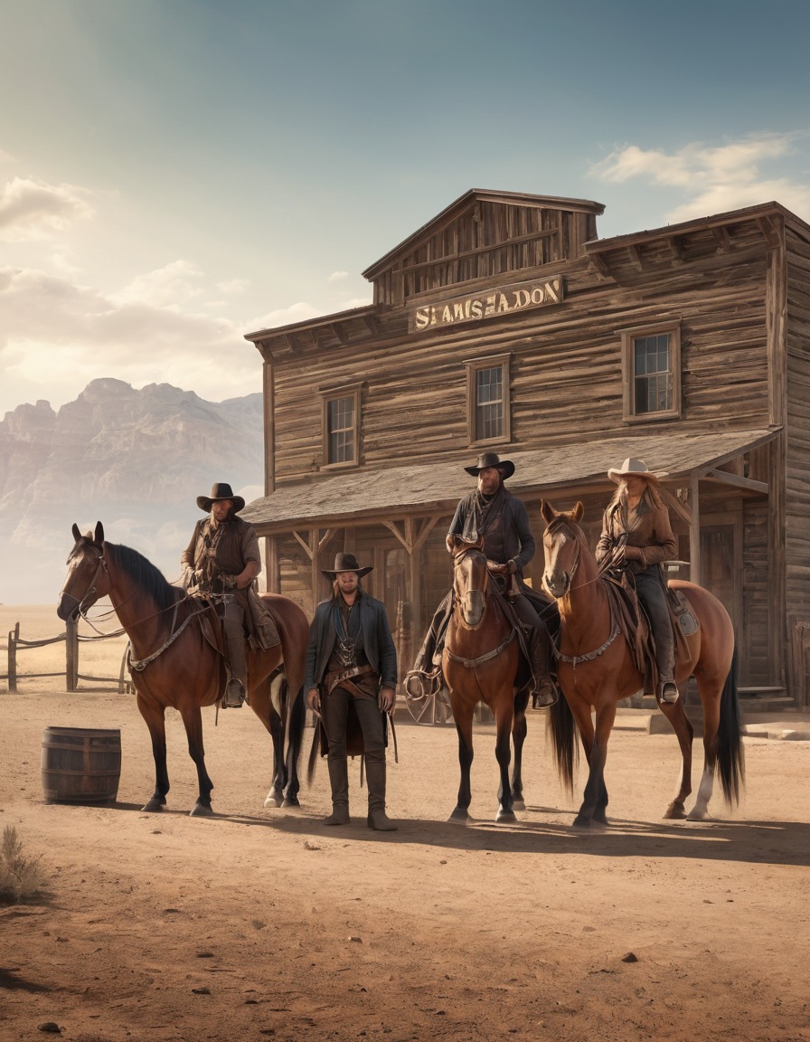 outlaws, old saloon, horses, western, group, wild west, computer games