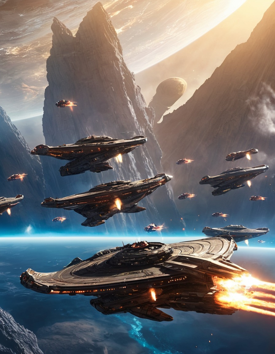 massive starship, epic battle, alien fleet, space scene