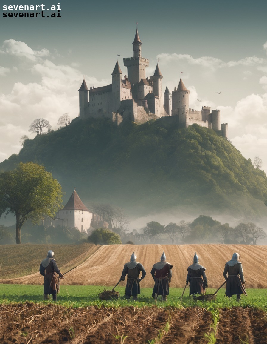 medieval, peasants, agriculture, castle, rural landscape, middle ages