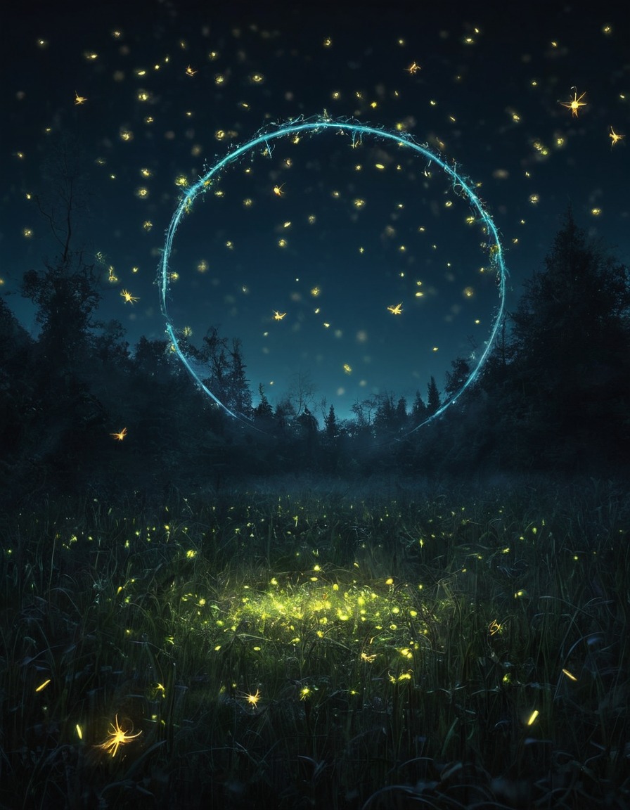 fireflies, glowing, moonlit, meadow, circle, mystical, nature