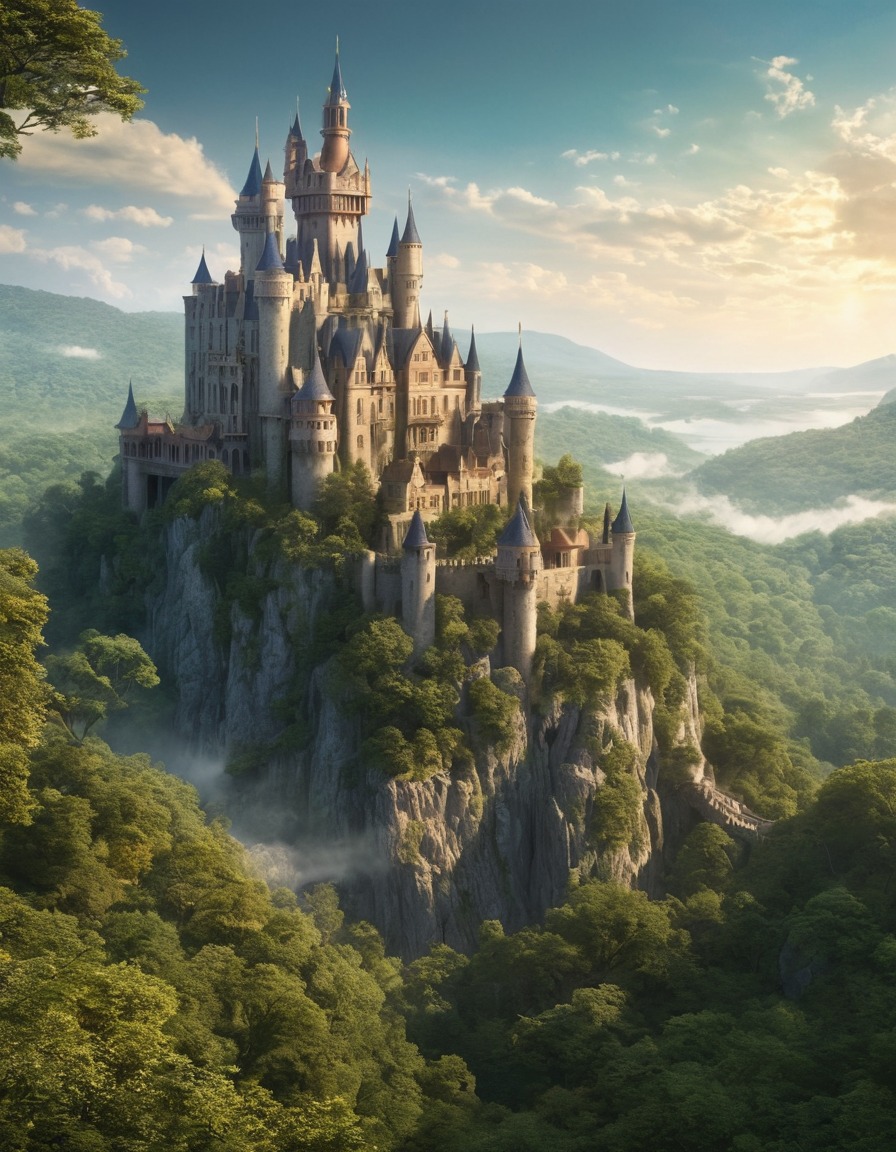 ancient castle, dense forest, fantasy scene, enchanted, mysterious, medieval architecture, magical setting