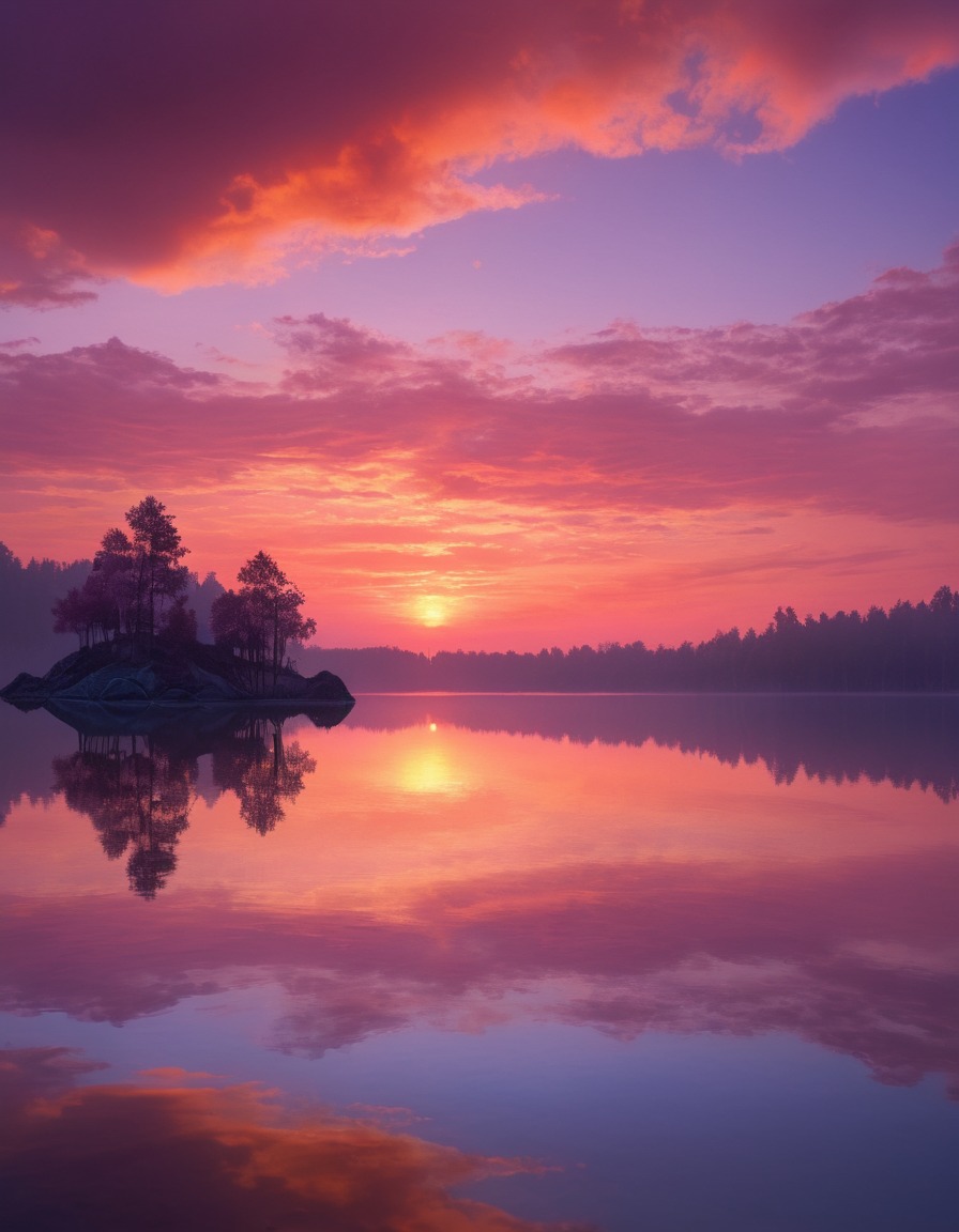 sunrise, painting, sky, pink, orange, lake, nature