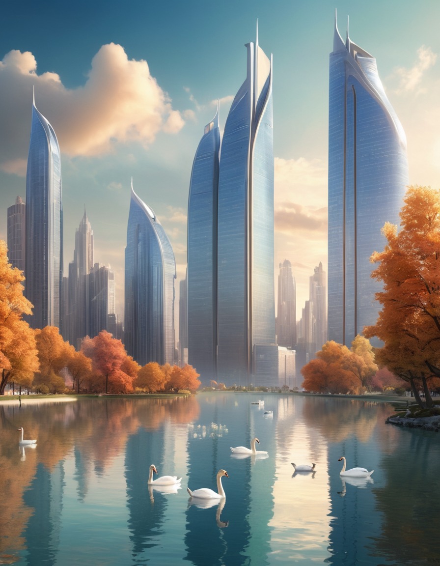 cityscape, skyline, lake, swans, nature, city