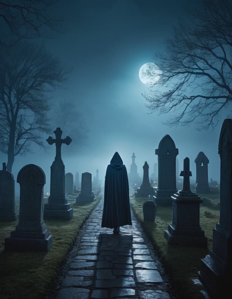 cemetery, cloaked figure, foggy, ancient, nighttime, lovecraft, howard lovecraft